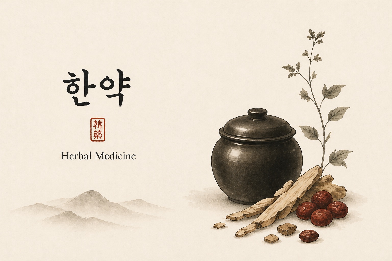 Sumi-e ink painting of a Korean herbal jar with ginseng and jujube, Korean 한약 calligraphy and 韓藥 seal