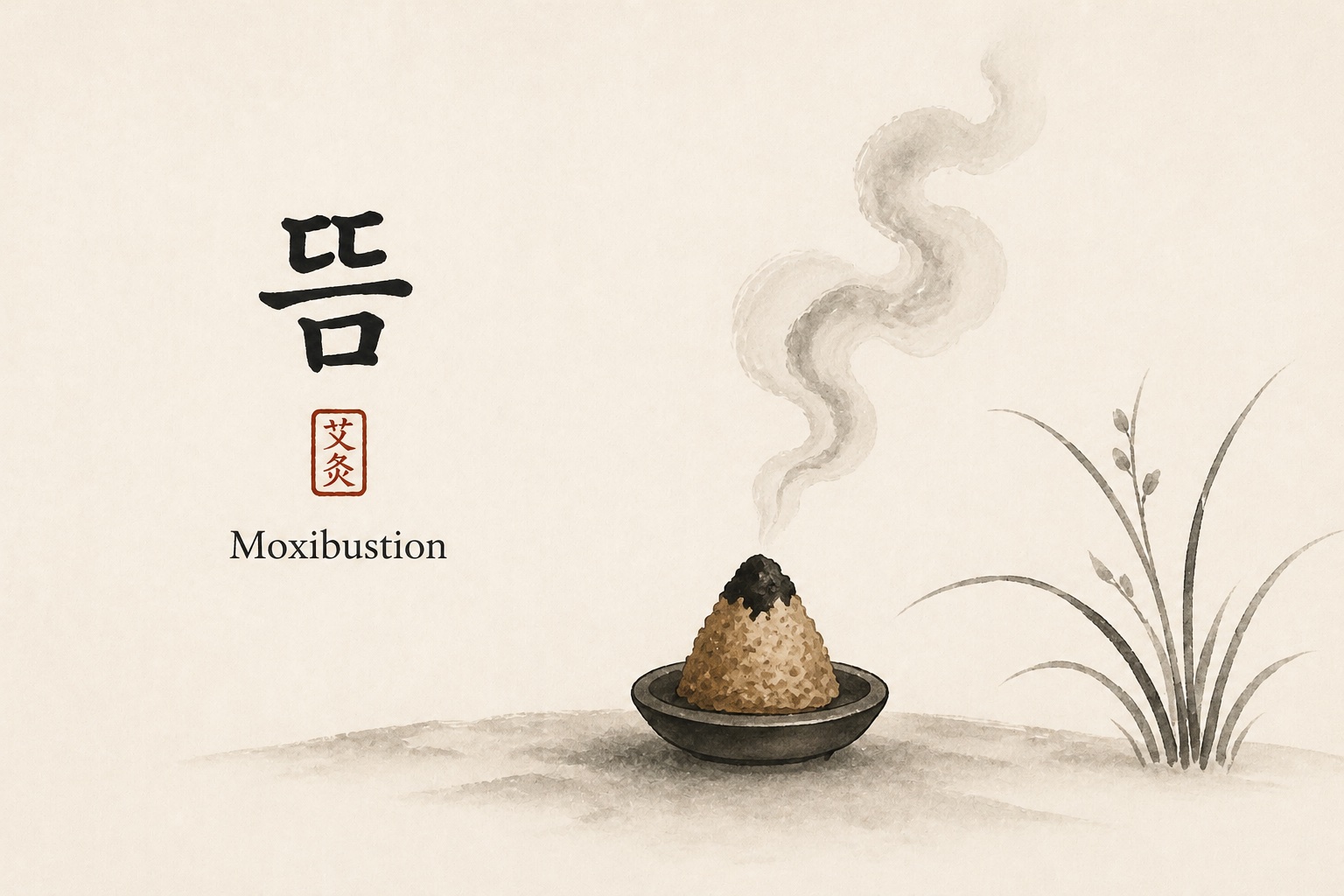 Sumi-e ink painting of a moxa cone smoking in a stone bowl with a Korean 뜸 calligraphy and 艾灸 seal